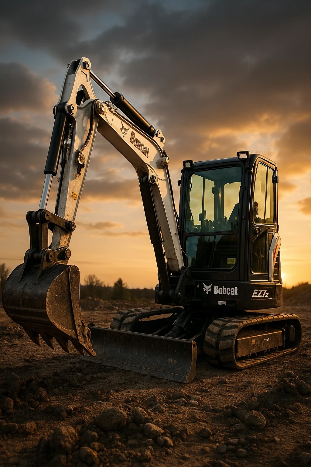 Koparka Bobcat E27Z wykonująca wykopy i odwierty pod fundamenty na Śląsku