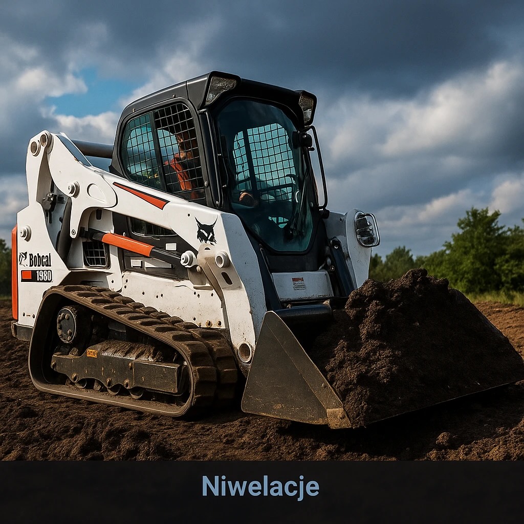 Miniładowarka Bobcat T590 podczas niwelacji terenu i równania działki pod dom w Orzeszu